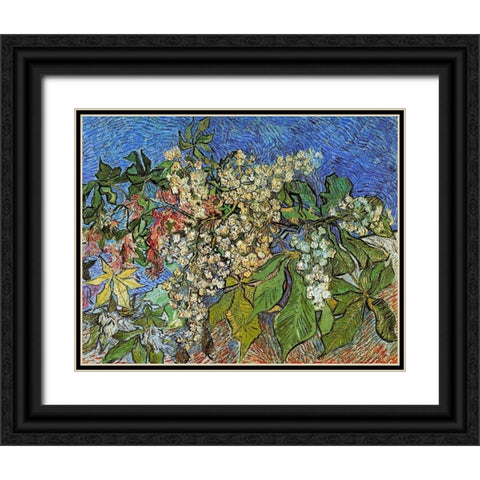 Blossoming Chestnut Branches Black Ornate Wood Framed Art Print with Double Matting by Van Gogh, Vincent
