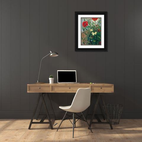 Butterflies And Poppies Black Ornate Wood Framed Art Print with Double Matting by Van Gogh, Vincent