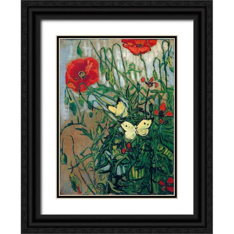Butterflies And Poppies Black Ornate Wood Framed Art Print with Double Matting by Van Gogh, Vincent