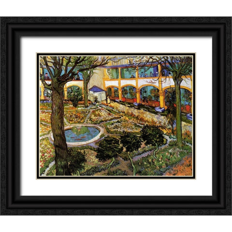 Courtyard Hospital Arles Black Ornate Wood Framed Art Print with Double Matting by Van Gogh, Vincent