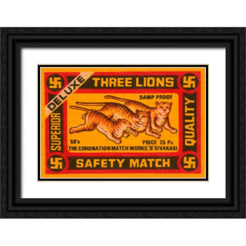 Three Lions Safety Match Black Ornate Wood Framed Art Print with Double Matting by Phillumenart