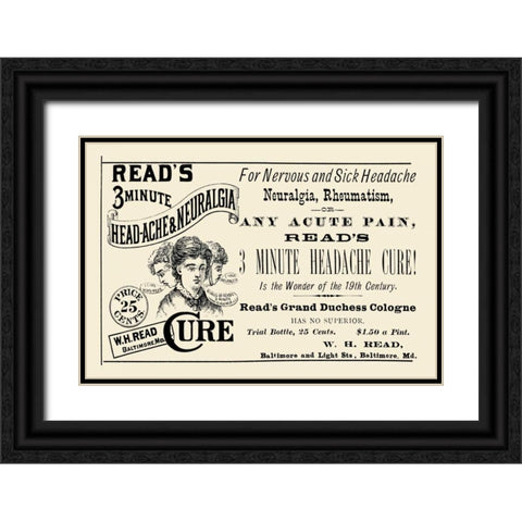 Reads 3 minute Head-Ache and Neuralgia Cure Black Ornate Wood Framed Art Print with Double Matting by Advertisement