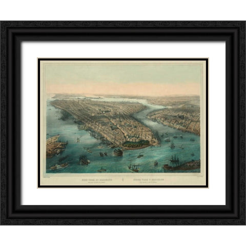 Birds-eye view of Manhattan, New York Black Ornate Wood Framed Art Print with Double Matting by Unknown