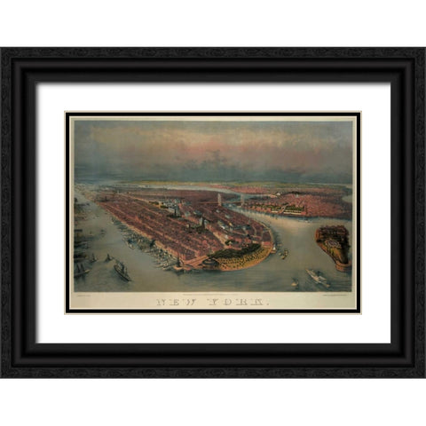 Birds-eye view of Manhattan, New York Black Ornate Wood Framed Art Print with Double Matting by Unknown