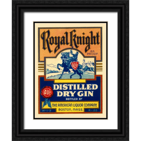 Royal Knight Distilled Dry Gin Black Ornate Wood Framed Art Print with Double Matting by Vintage Booze Labels