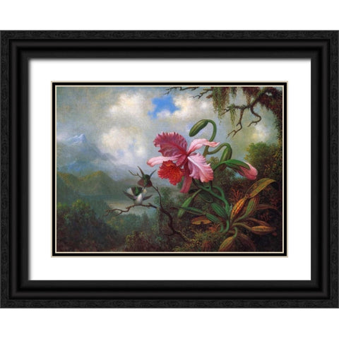 Orchid And Hummingbirds Near A Mountain Lake Black Ornate Wood Framed Art Print with Double Matting by Heade, Martin Johnson