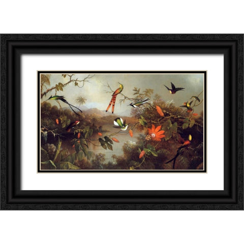 Tropical Landscape With Ten Hummingbirds Black Ornate Wood Framed Art Print with Double Matting by Heade, Martin Johnson