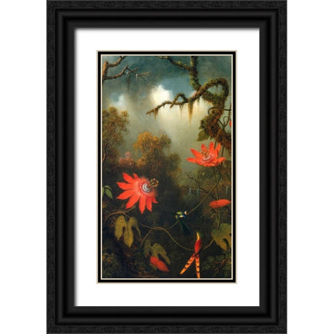Two Hummingbirds Perched On Passion Flower Vines Black Ornate Wood Framed Art Print with Double Matting by Heade, Martin Johnson
