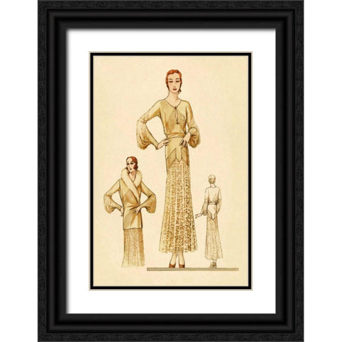 Winter Dress and Overcoat in Yellow Black Ornate Wood Framed Art Print with Double Matting by Vintage Fashion