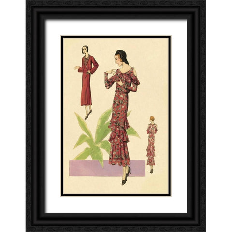 Party Dress with Ruffles and Flowers Black Ornate Wood Framed Art Print with Double Matting by Vintage Fashion