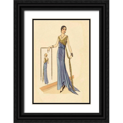 Evening Gown in Blue and Gold Black Ornate Wood Framed Art Print with Double Matting by Vintage Fashion