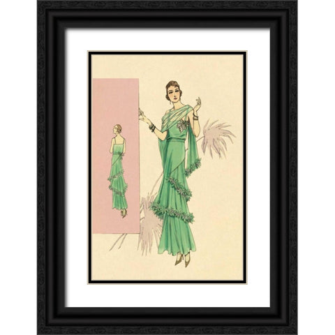 Playful Green Evening Gown Black Ornate Wood Framed Art Print with Double Matting by Vintage Fashion