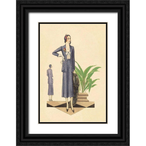 Blue Checkered Suit with Stole and Gloves Black Ornate Wood Framed Art Print with Double Matting by Vintage Fashion