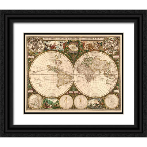 World Map Black Ornate Wood Framed Art Print with Double Matting by De Wit, Frederick