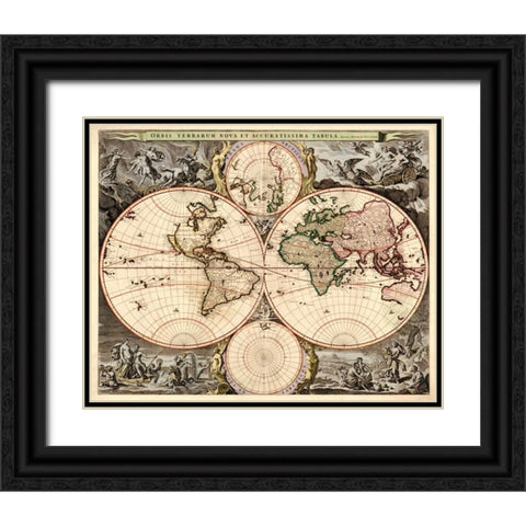 World Map Black Ornate Wood Framed Art Print with Double Matting by Visscher, Nicolao