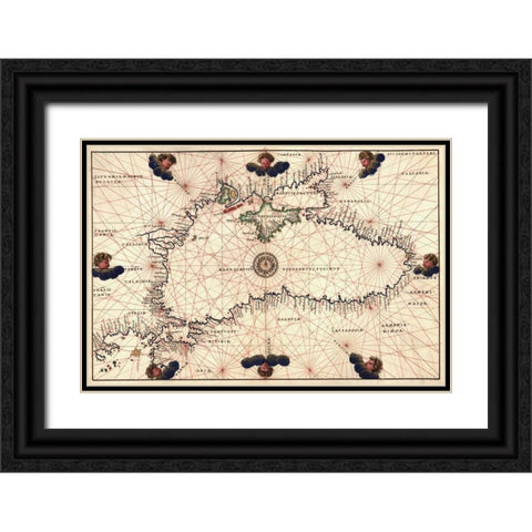 Portolan or Navigational Map of the Black Sea showing anthropomorphic winds Black Ornate Wood Framed Art Print with Double Matting by Agnese, Battista
