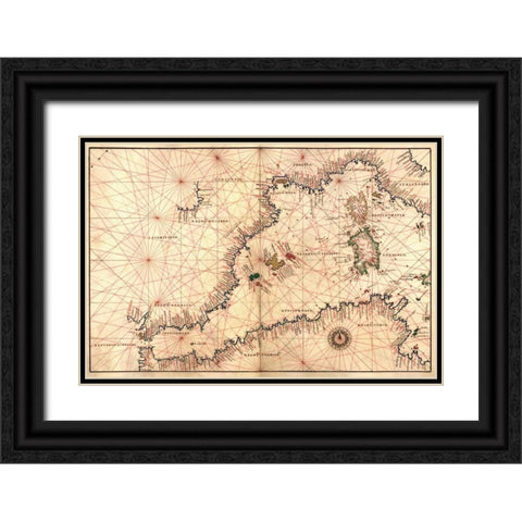 Portolan or Navigational Map of the Western Mediterranean from Gibraltar to Piedmont and Sardinia Black Ornate Wood Framed Art Print with Double Matting by Agnese, Battista