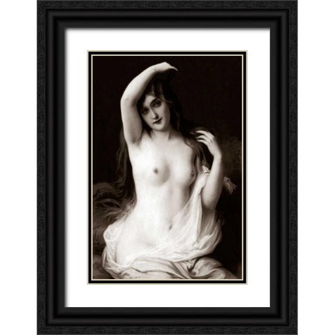 A Long-Haired Nude Black Ornate Wood Framed Art Print with Double Matting by Vintage Nudes