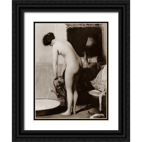Pouring a Bath Black Ornate Wood Framed Art Print with Double Matting by Vintage Nudes