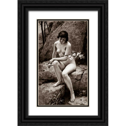Nude with Flowers Black Ornate Wood Framed Art Print with Double Matting by Vintage Nudes