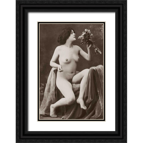 Nude with a Bouquet Black Ornate Wood Framed Art Print with Double Matting by Vintage Nudes