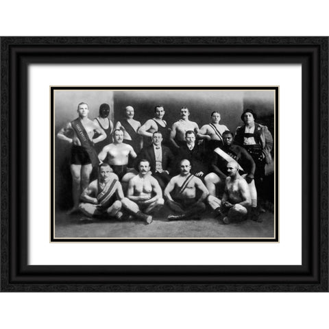 Team of Champion Russian Wrestlers Black Ornate Wood Framed Art Print with Double Matting by Vintage Wrestler