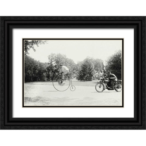 Motorcycle cop chases a Penny Farthing Velocipede Black Ornate Wood Framed Art Print with Double Matting by Unknown