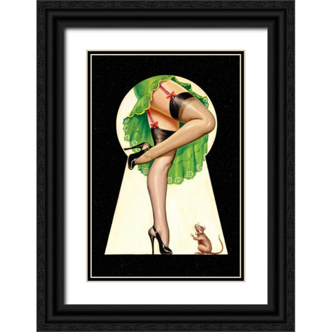 Mid-Century Pin-Ups - Through the Keyhole Black Ornate Wood Framed Art Print with Double Matting by Driben, Peter