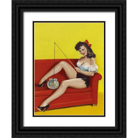 Mid-Century Pin-Ups - Joker Magazine - Fishin n funny Black Ornate Wood Framed Art Print with Double Matting by Driben, Peter