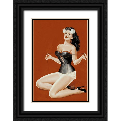 Mid-Century Pin-Ups - Lacing her bra Black Ornate Wood Framed Art Print with Double Matting by Driben, Peter