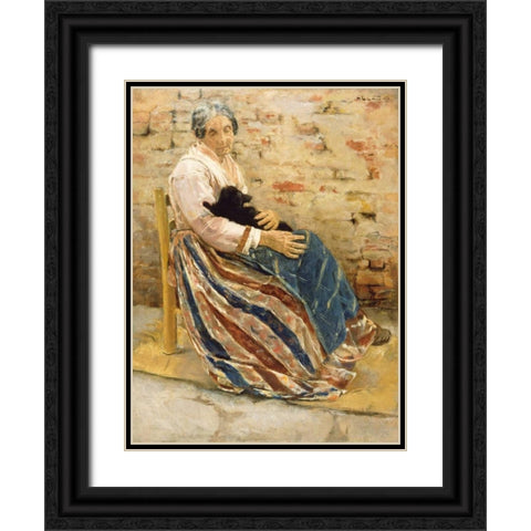 An Old Woman with Cat Black Ornate Wood Framed Art Print with Double Matting by Liebermann, Max
