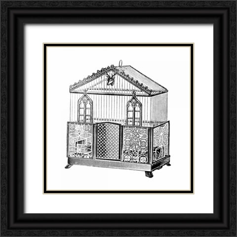 Etchings: Birdcage - Peaked top, patterned base, windows and deer head detail. Black Ornate Wood Framed Art Print with Double Matting by Catalog Illustration