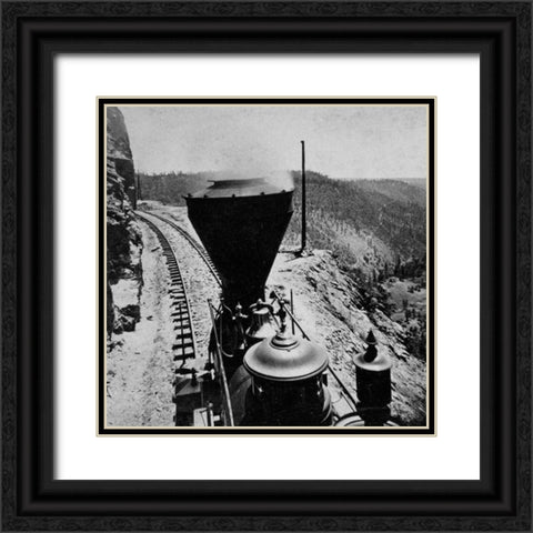 Rounding Cape Horn. Road to Iowa Hill from the river, in the distance. Black and white. Black Ornate Wood Framed Art Print with Double Matting by Hart, Alfred A.