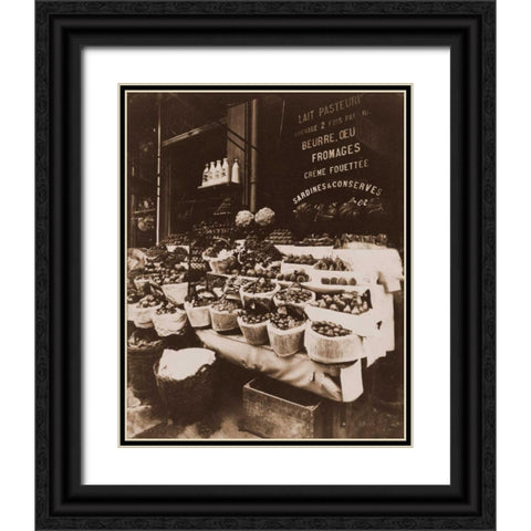 Rue Sainte-Opportune - Produce Display, rue Sainte-Opportune. Sepia Black Ornate Wood Framed Art Print with Double Matting by Atget, Eugene
