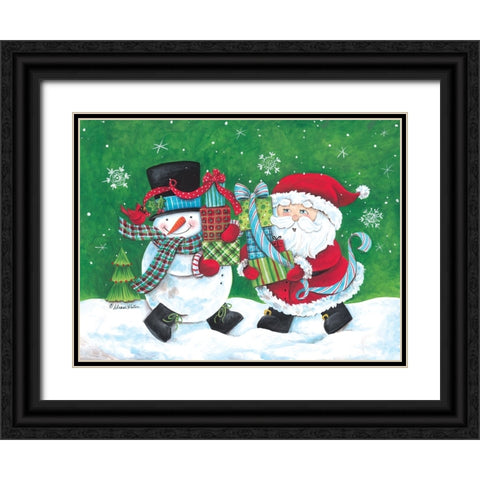 Snowman And Santa Friends Black Ornate Wood Framed Art Print with Double Matting by Kater, Diane
