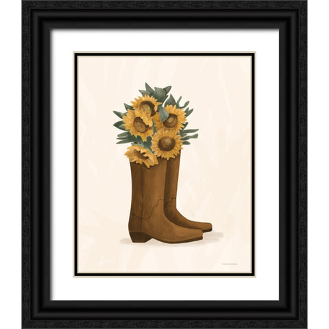 Sunflower Cowgirl Boots Black Ornate Wood Framed Art Print with Double Matting by Lady Louise Designs