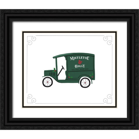 Mistletoe And Holly Vintage Delivery Truck Black Ornate Wood Framed Art Print with Double Matting by Lady Louise Designs