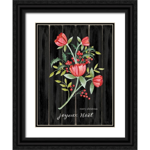 Merry Christmas Floral Black Ornate Wood Framed Art Print with Double Matting by Jacobs, Cindy