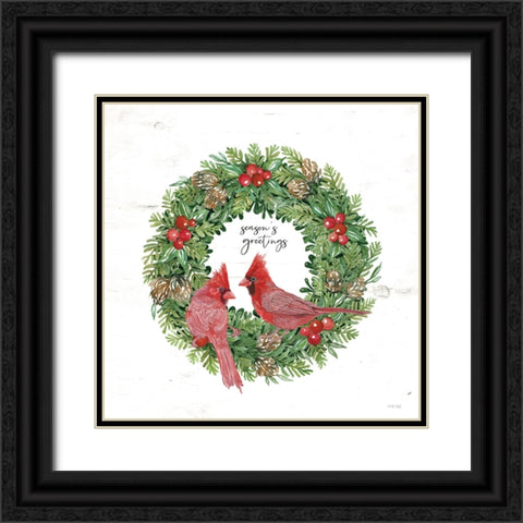 Seasons Greetings Cardinal Wreath Black Ornate Wood Framed Art Print with Double Matting by Jacobs, Cindy