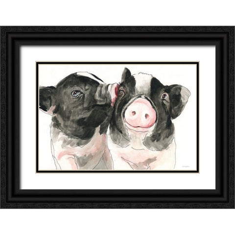 Piglet Kisses Black Ornate Wood Framed Art Print with Double Matting by Kamdon Kreations