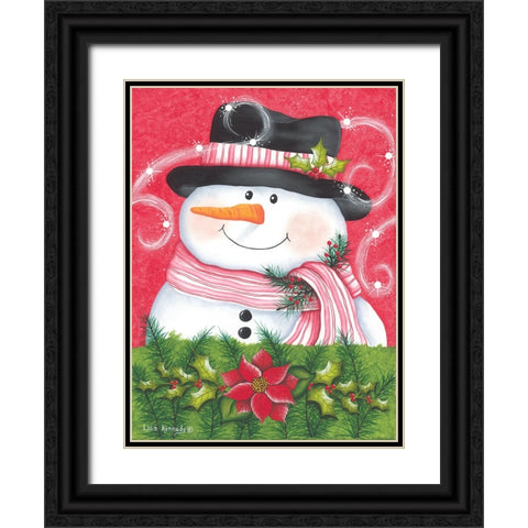 Snowman And Poinsettia Black Ornate Wood Framed Art Print with Double Matting by Kennedy, Lisa