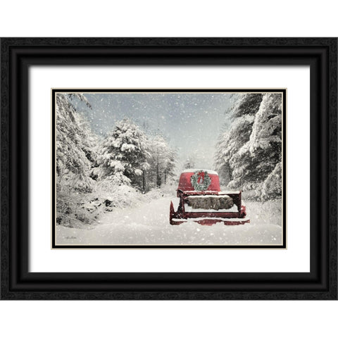 Snowed In Red Truck Black Ornate Wood Framed Art Print with Double Matting by Deiter, Lori