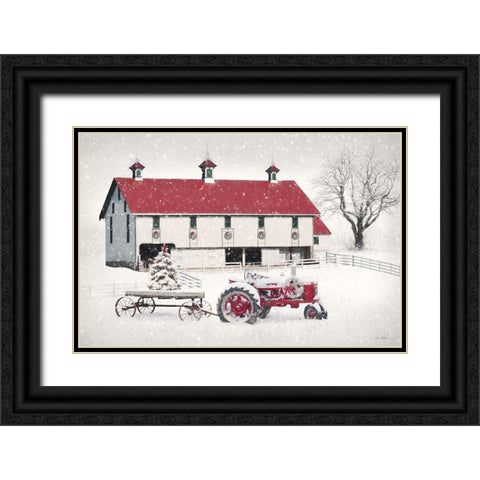 Red and White Christmas Barn Black Ornate Wood Framed Art Print with Double Matting by Deiter, Lori