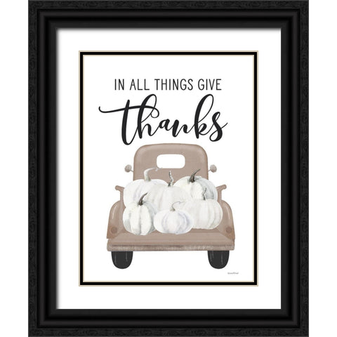 Give Thanks Pumpkin Truck Black Ornate Wood Framed Art Print with Double Matting by Lettered And Lined