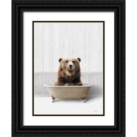 Bath Time Bear  Black Ornate Wood Framed Art Print with Double Matting by Lettered And Lined