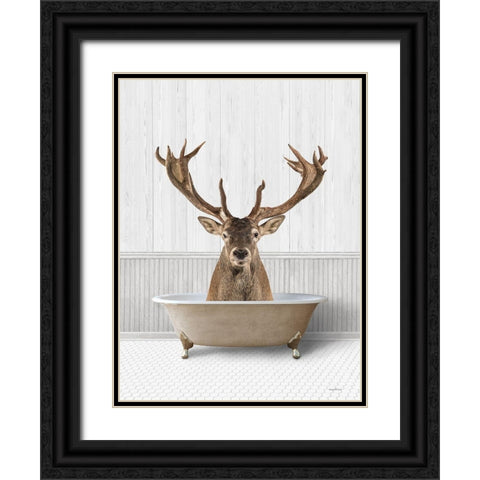 Bath Time Deer Black Ornate Wood Framed Art Print with Double Matting by Lettered And Lined