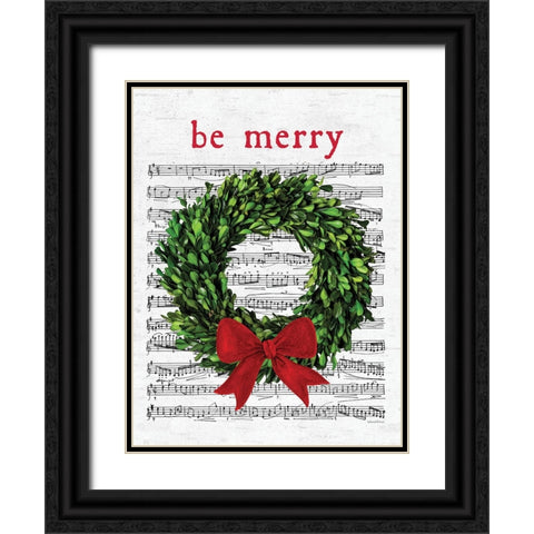Be Merry Christmas Wreath Black Ornate Wood Framed Art Print with Double Matting by Lettered and Lined