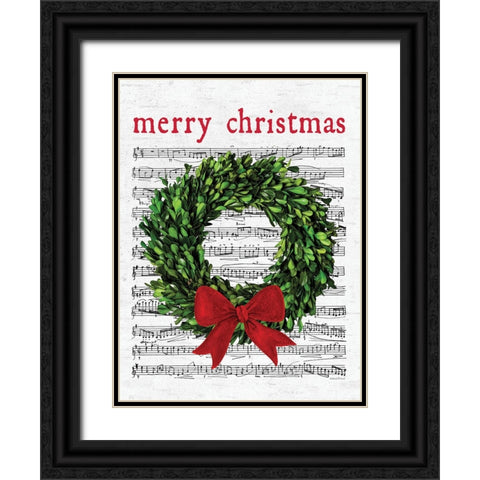 Merry Christmas Wreath Black Ornate Wood Framed Art Print with Double Matting by Lettered and Lined