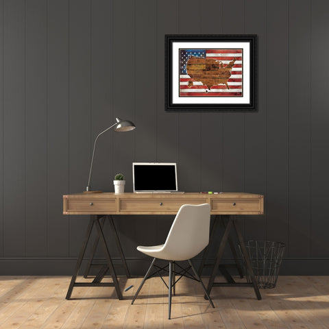 American Flag USA Map  Black Ornate Wood Framed Art Print with Double Matting by Rae, Marla