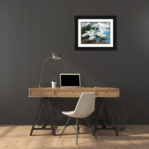 Ducks by the Lake 1 Black Ornate Wood Framed Art Print with Double Matting by Stellar Design Studio